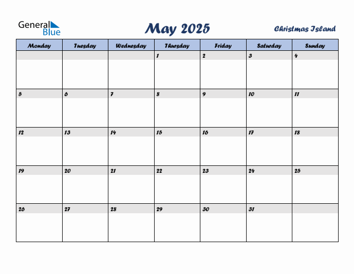 May 2025 Calendar with Holidays in Christmas Island