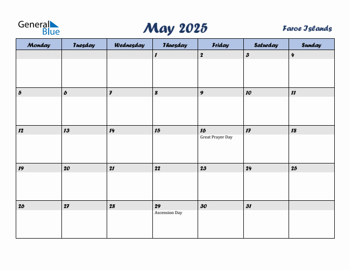 May 2025 Calendar with Holidays in Faroe Islands