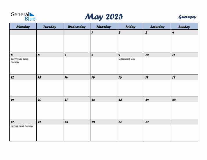 May 2025 Calendar with Holidays in Guernsey