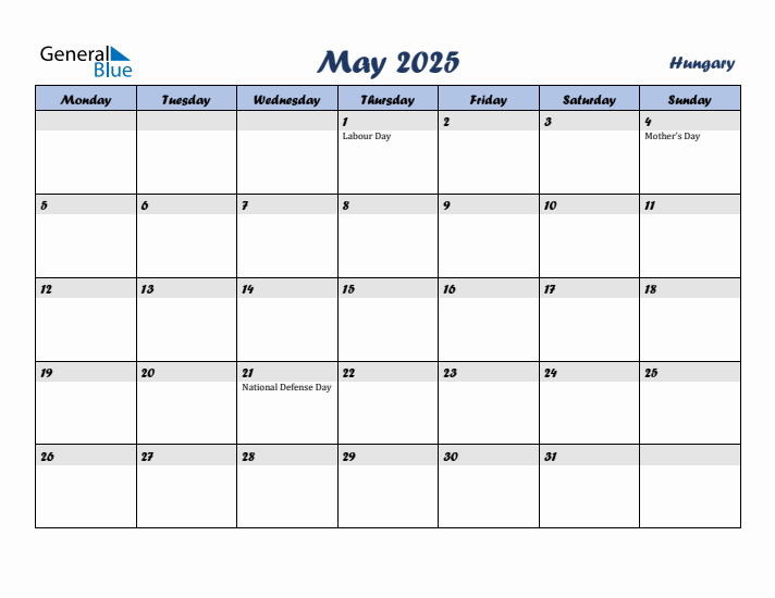 May 2025 Calendar with Holidays in Hungary