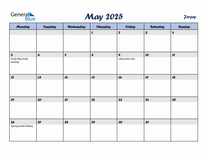 May 2025 Calendar with Holidays in Jersey