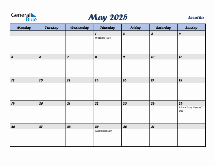 May 2025 Calendar with Holidays in Lesotho