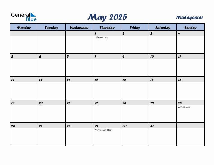 May 2025 Calendar with Holidays in Madagascar