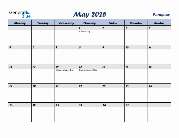 May 2025 Calendar with Holidays in Paraguay