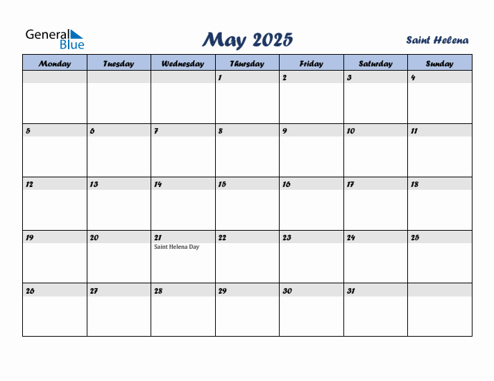 May 2025 Calendar with Holidays in Saint Helena