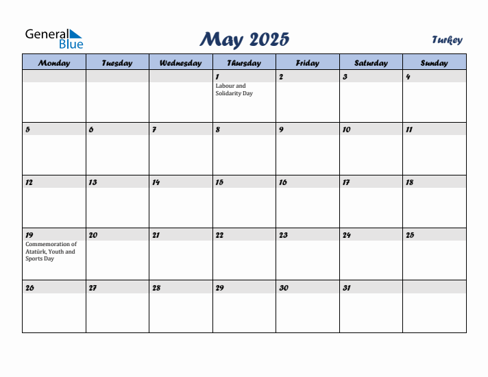 May 2025 Calendar with Holidays in Turkey