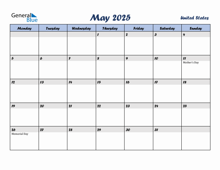 May 2025 Calendar with Holidays in United States