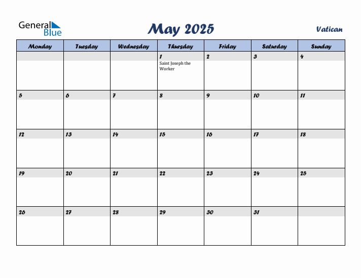 May 2025 Calendar with Holidays in Vatican