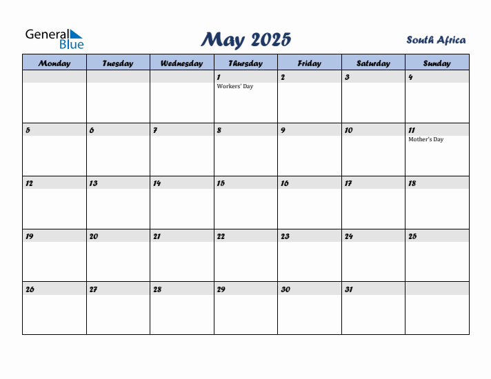 May 2025 Calendar with Holidays in South Africa