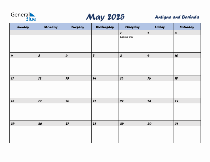 May 2025 Calendar with Holidays in Antigua and Barbuda