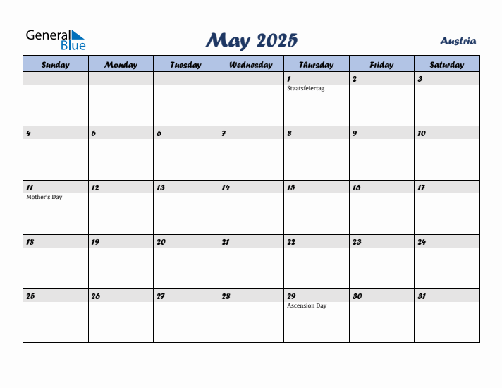 May 2025 Calendar with Holidays in Austria