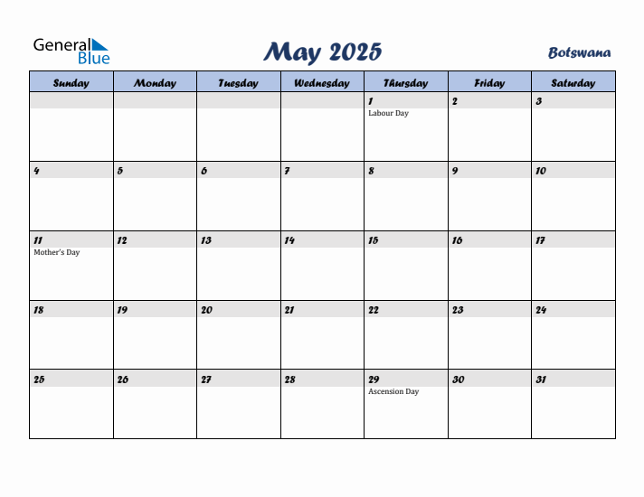 May 2025 Calendar with Holidays in Botswana