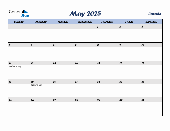 May 2025 Calendar with Holidays in Canada