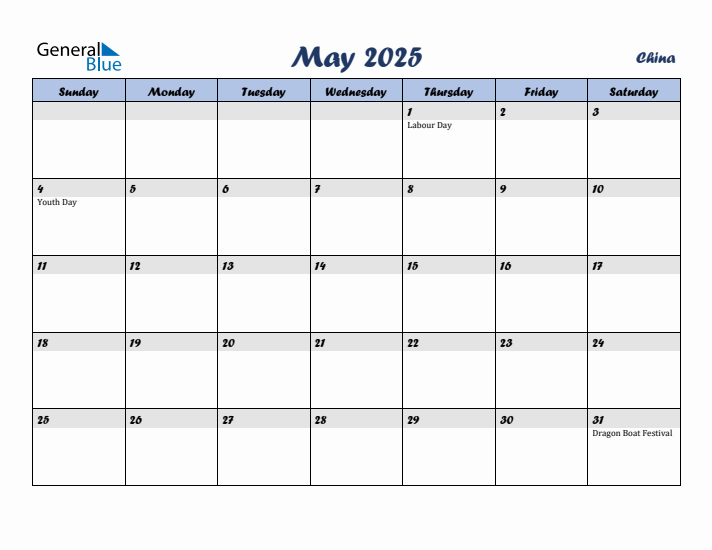 May 2025 Calendar with Holidays in China