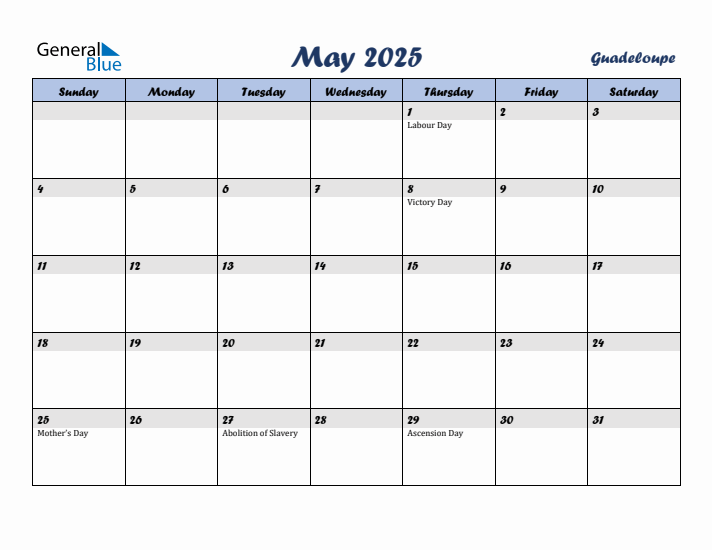 May 2025 Calendar with Holidays in Guadeloupe