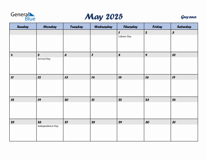 May 2025 Calendar with Holidays in Guyana