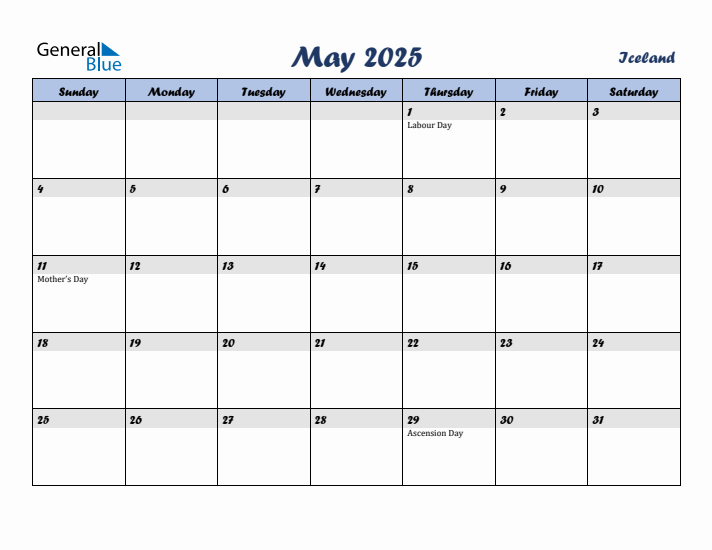 May 2025 Calendar with Holidays in Iceland