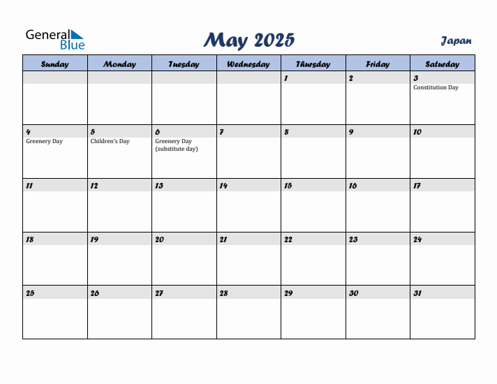 May 2025 Calendar with Holidays in Japan