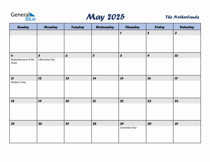 May 2025 Calendar with Holidays in The Netherlands