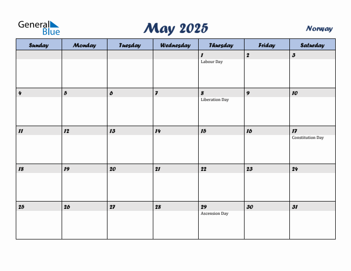 May 2025 Calendar with Holidays in Norway