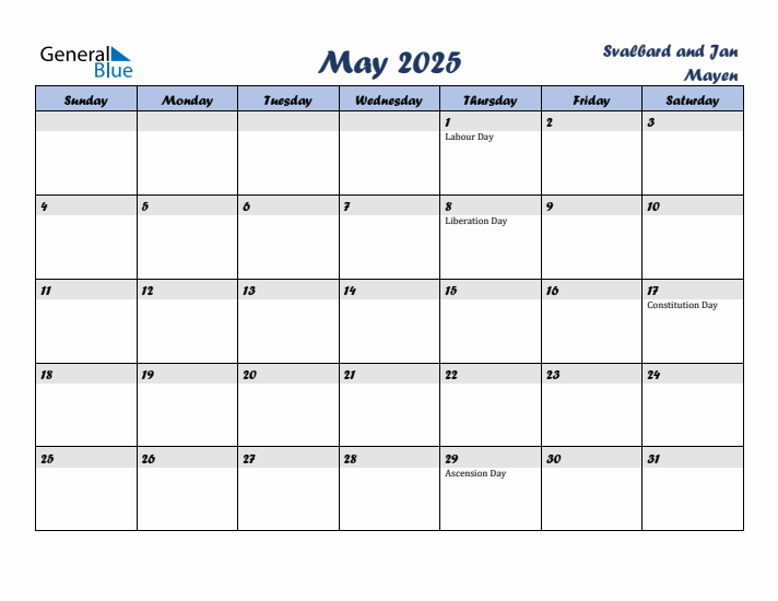 May 2025 Calendar with Holidays in Svalbard and Jan Mayen