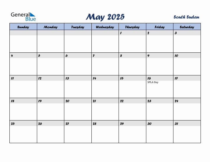 May 2025 Calendar with Holidays in South Sudan