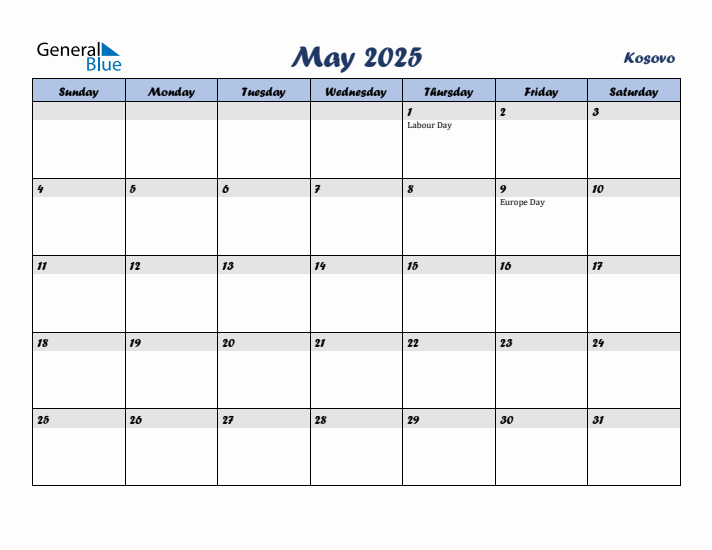 May 2025 Calendar with Holidays in Kosovo