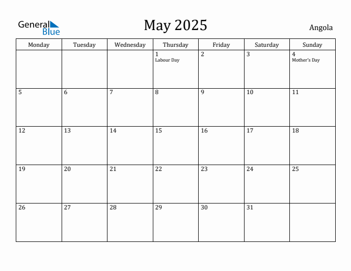 May 2025 Calendar Angola