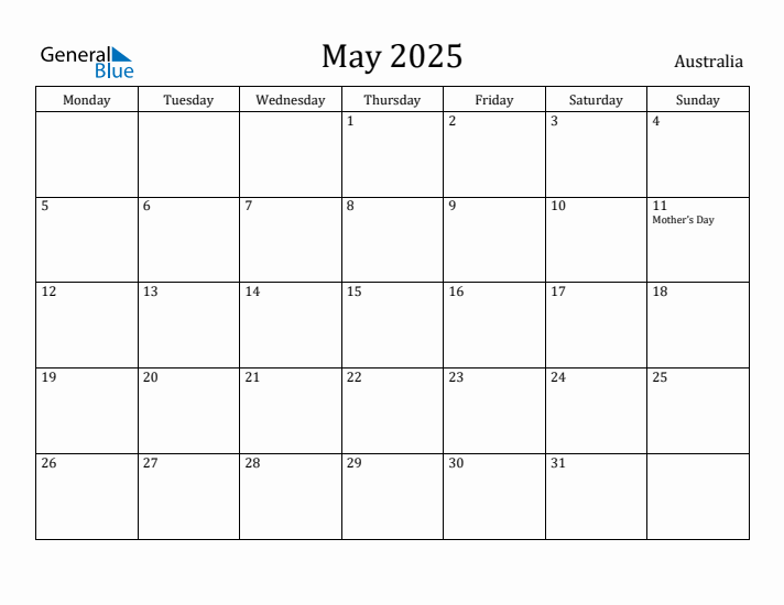 May 2025 Calendar Australia