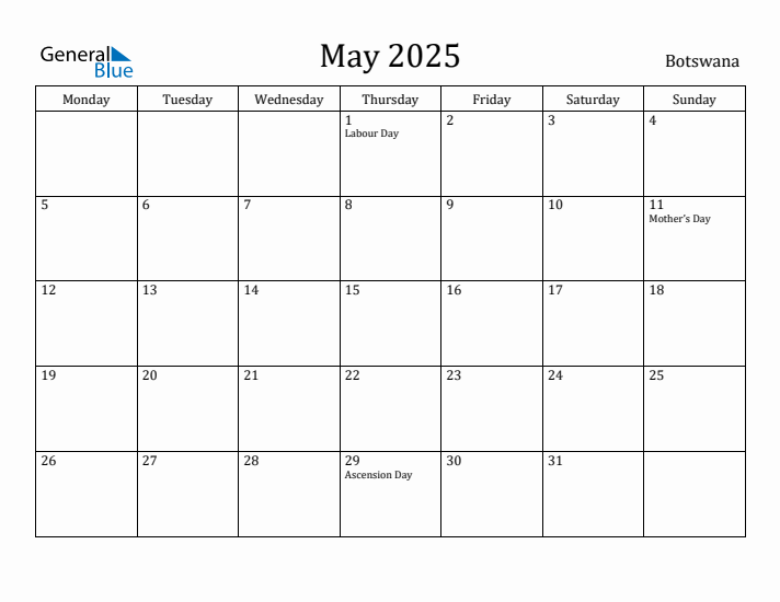 May 2025 Calendar Botswana