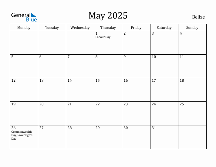 May 2025 Calendar Belize