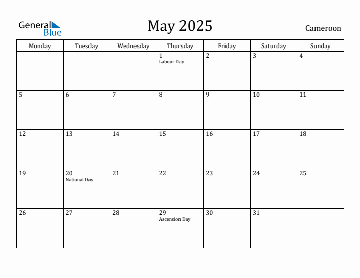 May 2025 Calendar Cameroon