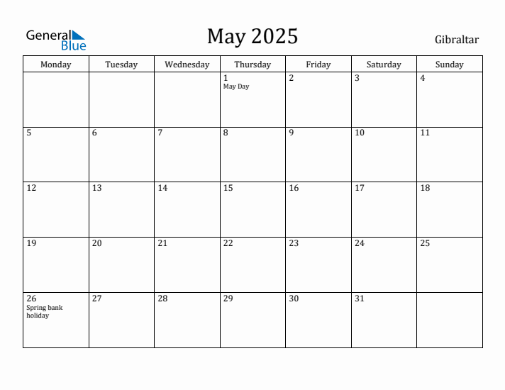 May 2025 Calendar Gibraltar