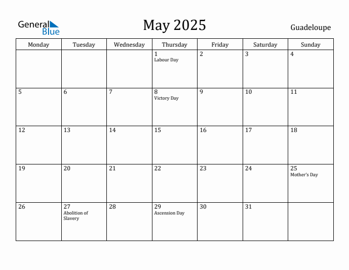 May 2025 Calendar Guadeloupe