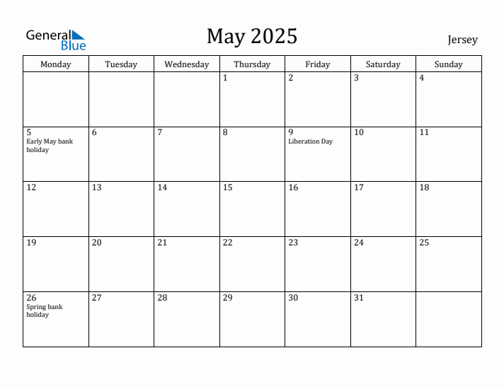 May 2025 Calendar Jersey