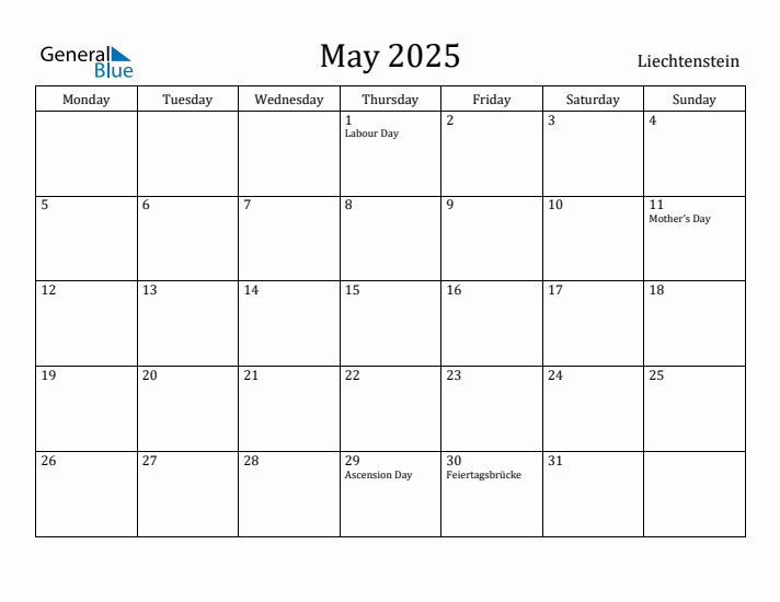 May 2025 Calendar Liechtenstein