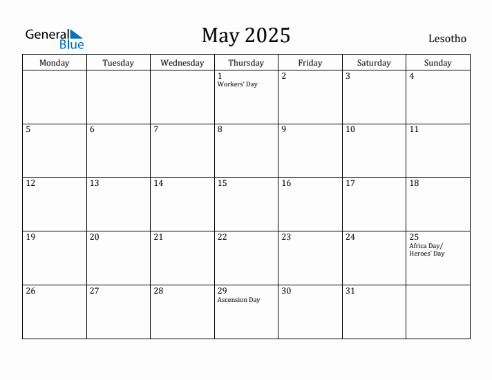 May 2025 Calendar Lesotho