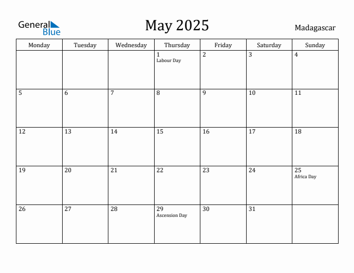 May 2025 Calendar Madagascar