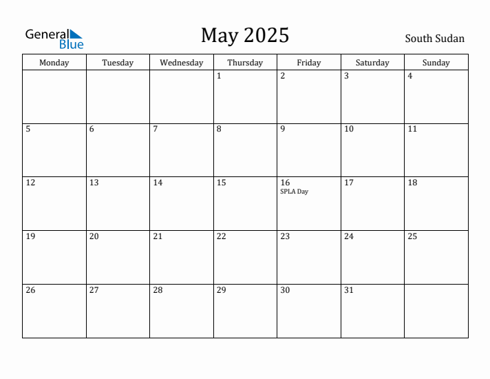 May 2025 Calendar South Sudan