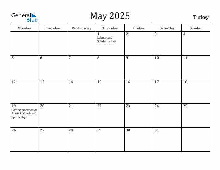 May 2025 Calendar Turkey