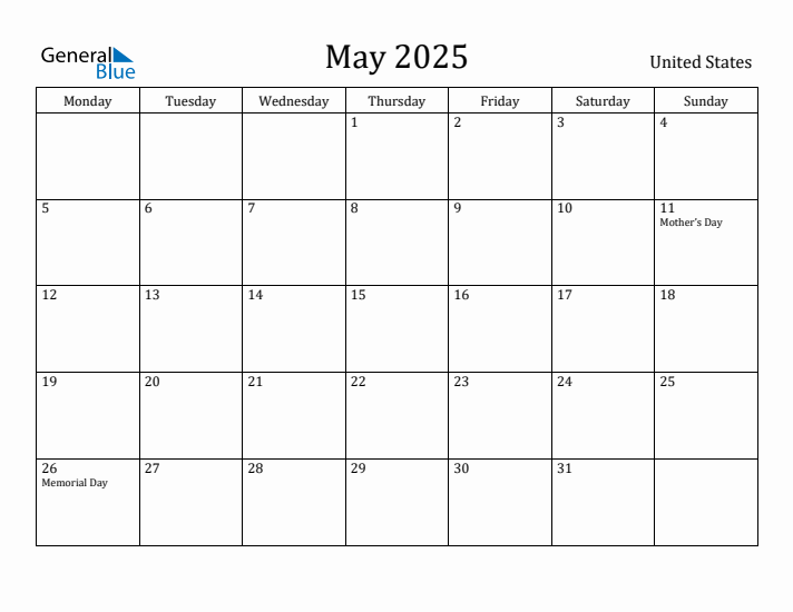 May 2025 Calendar United States