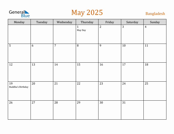 May 2025 Holiday Calendar with Monday Start