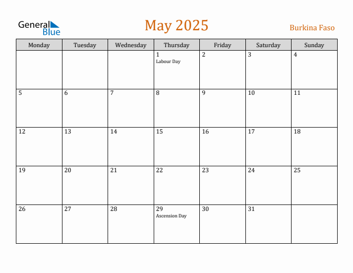 May 2025 Holiday Calendar with Monday Start