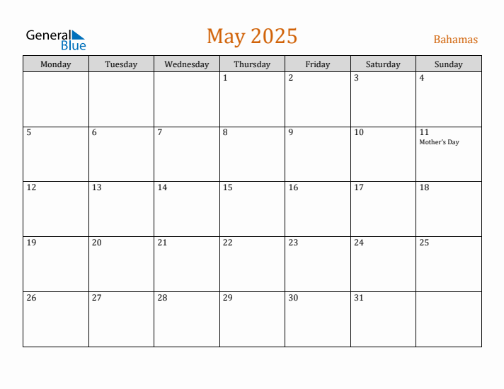 May 2025 Holiday Calendar with Monday Start