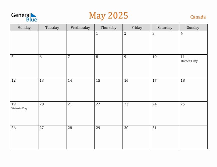 May 2025 Holiday Calendar with Monday Start