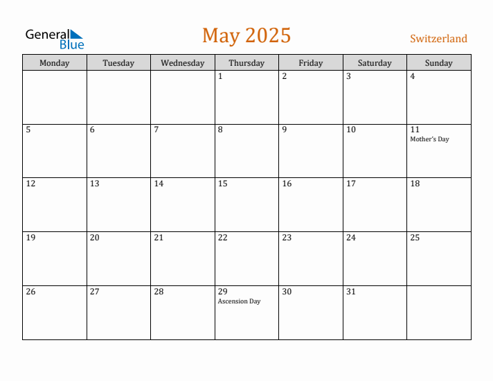 May 2025 Holiday Calendar with Monday Start