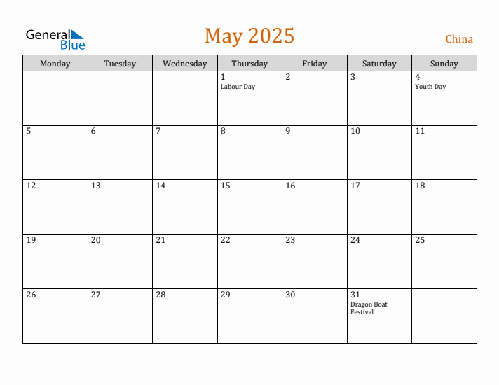 May 2025 Holiday Calendar with Monday Start