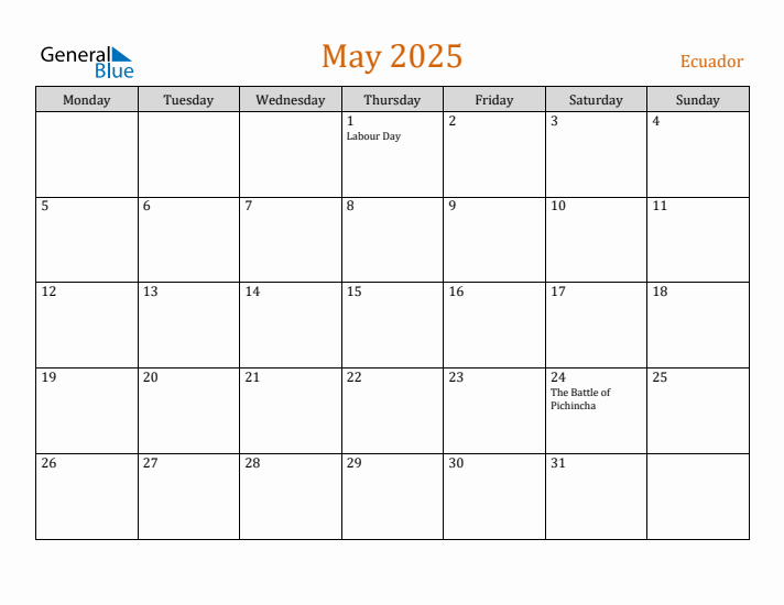 May 2025 Holiday Calendar with Monday Start