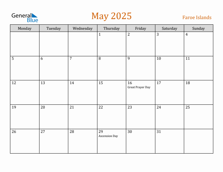 May 2025 Holiday Calendar with Monday Start