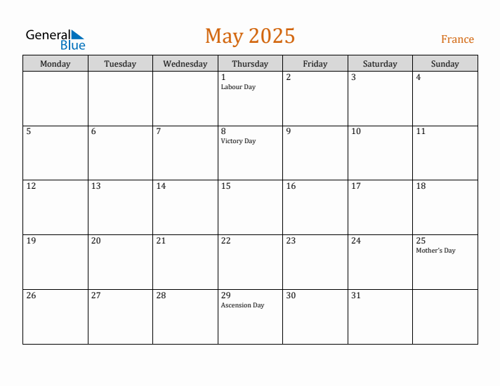 May 2025 Holiday Calendar with Monday Start